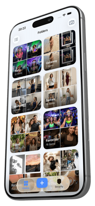 Secure Folder: Incogni Vault on iPhone showing private photo folders — Party, Getaway, Workout, Selfies — hidden inside the vault
