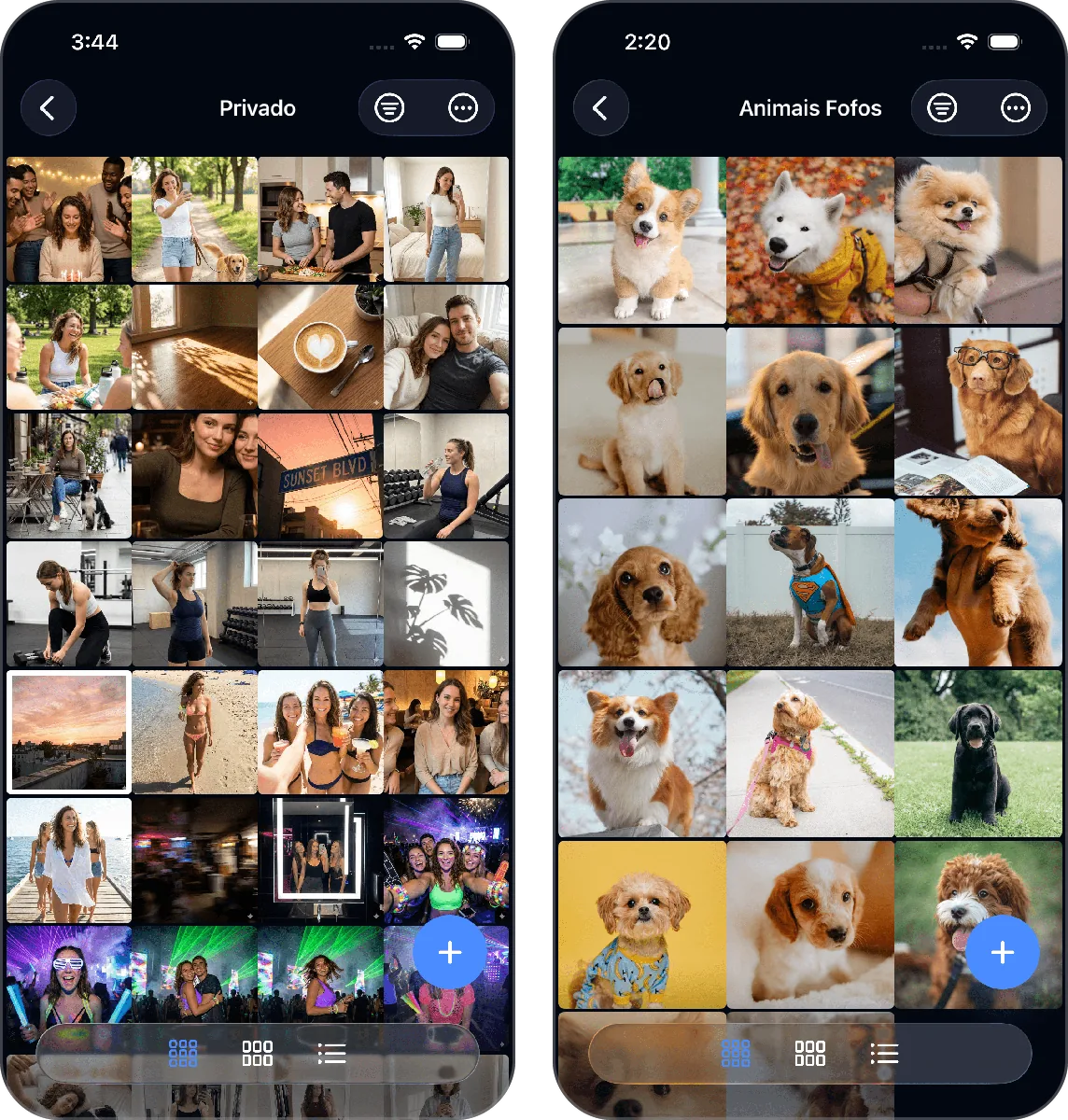Duas telas do cofre lado a lado: “Privado” com fotos de pessoas e “Animais Fofos” com fotos de cachorros.